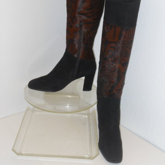 STUART WEITZMAN BLACK AND BROWN LEATHER & GENUINE FUR KNEE HIGH BOOTS SIZE 7.5 M - Picture 3 of 8